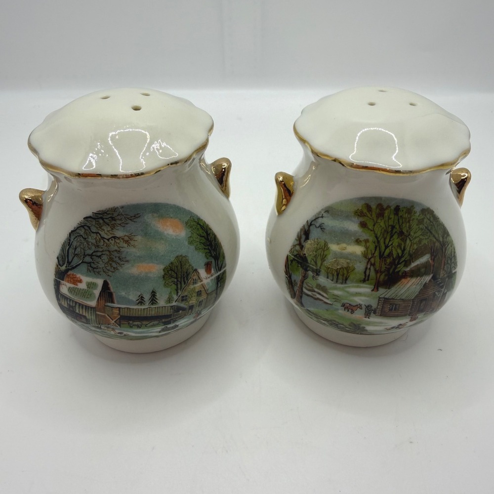 Vintage Enesco Homestead Salt and Pepper Shakers Winter‎ Scenes Gold Trim Set